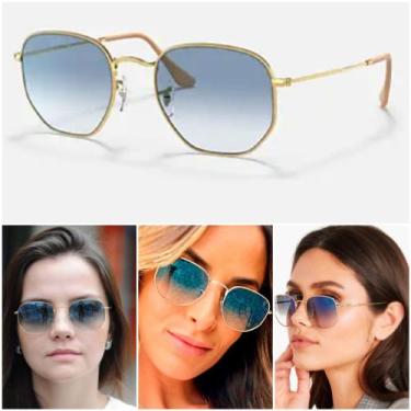 Imagem de Óculos De Sol Hexagonal 3548 Dourado Azul Degrade Moda Casual Proteção