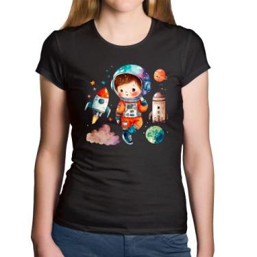 Imagem de Baby Look Algodão Astronauta Criança e Foguetes - Foca na Moda, Preto,