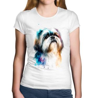 Imagem de Baby Look Algodão Cachorro Shih Tzu Watercolor - Foca na Moda, Branco,
