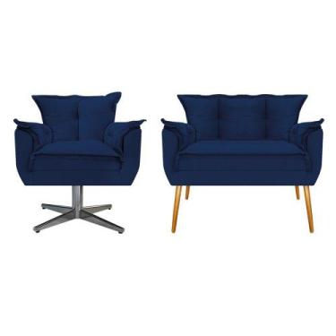 Imagem de Kit Namoradeira e Poltrona Opala Base Giratória de Metal Suede Azul Ma