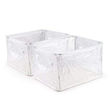 Imagem de LELE LIFE Pacote com 2 organizadores de lanches com moldura de aço para despensa, cesto de lanche dobrável, caixas de armazenamento de lanches com alças e placa de base para prateleira de despensa,