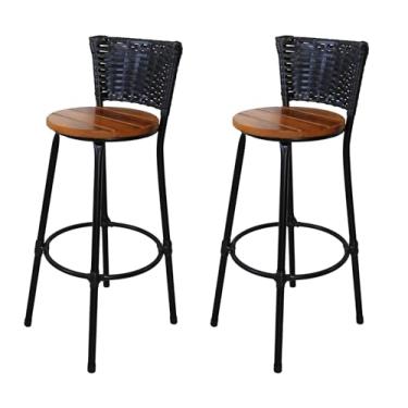 Imagem de Conjunto 2 Banqueta Premium Alta em Aço Assento Madeira Peroba Rosa - Encosto em Junco Preto