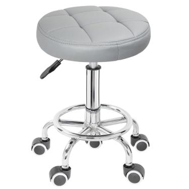 Imagem de IBVIVIC Banqueta giratória de couro PU ajustável em altura para spa salão de massagem cadeira de trabalho com descanso para os pés, cinza