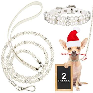Imagem de Conjunto de 2 coleiras de pérolas artificiais para cães, 2 fileiras, colar de pérolas para animais de estimação e coleira de couro PU com strass de cristal imitação de pérola para pescoço para cães e