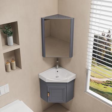 Imagem de Vaidade de armário de banheiro de canto pequeno com pia Vaidade flutuante de banheiro Rv, montagem na parede Vaidades de profundidade estreita Combinação de torneira quente e fria, grande es