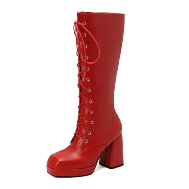 Imagem de Rock88 Botas femininas até o joelho, botas de cadarço com salto grosso e zíper lateral, botas sob o joelho para festa e dia casual, vermelha, 41