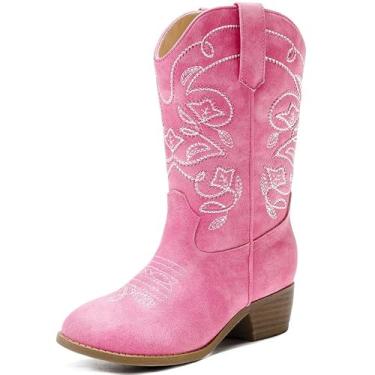 Imagem de LAURMOSA Botas de caubói ocidentais cano médio bico fino infantil botas de cowgirl bordado zíper lateral meninas botas de equitação botas country festa para crianças pequenas e grandes, rosa, 10