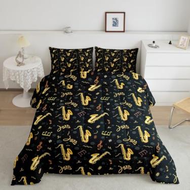 Imagem de Manfei Conjunto de edredom para meninos e crianças, saxofone, tamanho casal, decoração de quarto, tema musical, microfibra escovada, edredom macio
