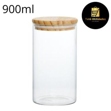 Imagem de Pote Hermético Vidro Borossilicato Tampa Madeira Redondo Liege 900ml H