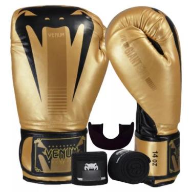 Imagem de Kit Luva De Boxe Muay Thai Venum Giant Evo Pro Gold + Bandagem 4m Pret