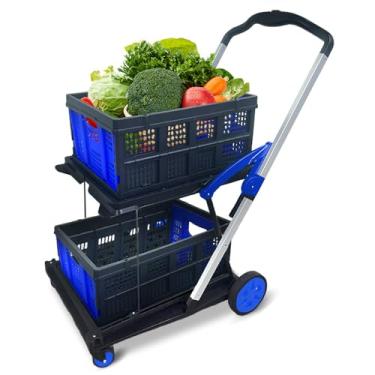 Imagem de Carrinho de compras dobrável de duas camadas | Carrinhos dobráveis multifuncionais | Carrinhos de supermercado dobráveis | Carrinho de compras com caixa de armazenamento | Carrinho utilitário para