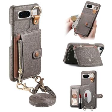 Imagem de Capa de telefone carteira transversal removível durável para Google Pixel 8A, bolsa com zíper, suporte de anel, espelho integrado, compartimento para cartão, suporte multiângulo em elegante capa de