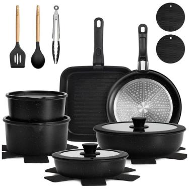 Imagem de Jogo de Panelas e Frigideiras Antiaderentes, Material em Alumínio com 22 Peças, Cabo Removível e Utensílios de Cozinha, Kikcoin, Preto