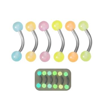 Imagem de POYAMUSE Halteres curvados de aço inoxidável que brilham no escuro para piercing de sobrancelha/torre/daith - pacote com 6 16G, 16G(1.2mm), Aço inoxidável, acrílico + aço inoxidável