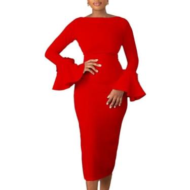 Imagem de Vestido feminino elegante com manga de sino para coquetel para convidada de casamento e vestido de noite midi para igreja, Vermelho, M