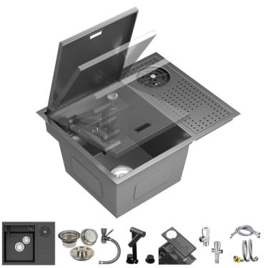 Imagem de SDGRP Pia de barra de queda lenta, pia única de cozinha de aço inoxidável preta oculta, ilha central/apartamento individual/casa pequena/pias de bancada de cozinha ocidental, com lavadora de copo de