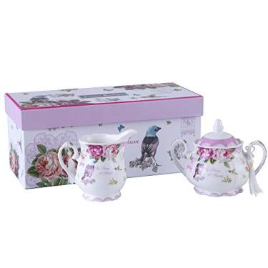 Imagem de London Boutique Bule de porcelana açucareiro e jarro de leite cremoso chique vintage floral em caixa de presente 1,134 g (conjunto de creme e açúcar pássaro borboleta rosa)