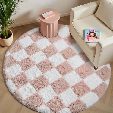 Imagem de PureCozy Tapete quadriculado 10 x 10 cm para sala de estar, rosa e branco, moderno, supermacio, lavável, tapete felpudo antiderrapante para quarto, casa, decoração estética