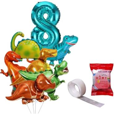 Imagem de Kit Balão Número Metalizado + 6 Mini Balões Dinossauros 31cm Metalizados, Decoração Festa De Aniversário (Azul Tif, 8)
