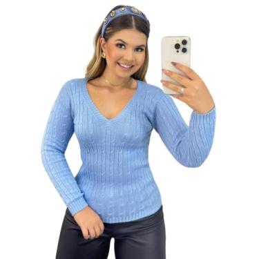 Imagem de Blusa Feminino FMF Suéter de Tricô Azul Bebe Manga Longa, Azul bebê, Ú
