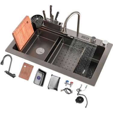 Imagem de Pia De Cozinha Em Aço Inoxidável Preto, Unidade De Pia De Cozinha Em Cascata Com Revestimento Nano, Pia De Cozinha De Tigela Única, Com Torneira Extraível De Enxág, Black-c, 68x45x22cm