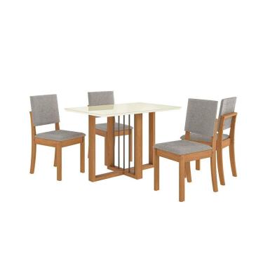 Imagem de Conjunto de Mesa de Jantar Retangular com Tampo de Vidro Off White Antonela e 4 Cadeiras Lunas Bouclé Cinza e Canela