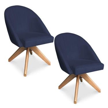 Imagem de Kit 02 Poltronas Cadeira Giratória Bela Veludo Azul Marinho Base De Madeira - Pallazio