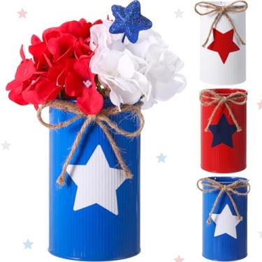 Imagem de Domensi 3 peças de mesa de centro de mesa 4 de julho vaso patriótico decoração vasos de metal galvanizado para flores artificiais estrela suporte de utensílios pote para cozinha, casa, dia da