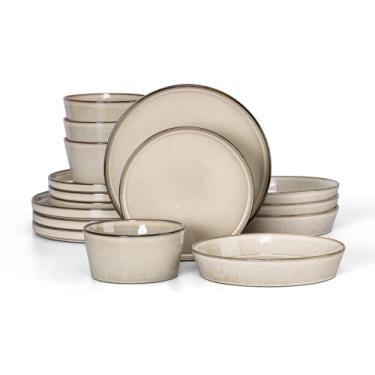 Imagem de Herogo Conjuntos de louça com tigelas de macarrão, conjunto de 16 pratos e tigelas para 4, pratos modernos de jantar de grés para cozinha, seguro para lava-louças e micro-ondas, cáqui creme