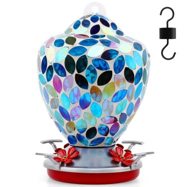 Imagem de VOREEN Alimentador de beija-flor de mosaico de vidro, 1000 ml com fosso de formiga e 4 portas de alimentação, alimentador de pássaros suspenso de vidro soprado à mão, decoração de quintal de jardim de