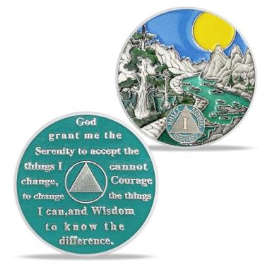 Imagem de Moeda de sobriedade de 28 anos – Medalhão AA do rio e da floresta com oração da serenidade – Chip de recuperação HA para alcoólicos e narcóticos anônimos – presente para homens e mulheres celebrando