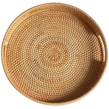 Imagem de Bandeja redonda de vime de 36 cm, bandeja de servir tecida à mão com alças, cesta de vime, bandeja decorativa para decoração de casa, natural