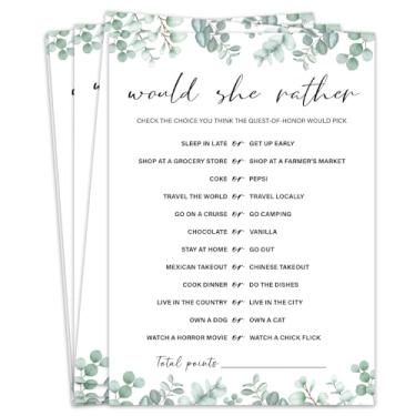 Imagem de WwongxianB Would She Rather Jogos de chá de panela, chá de panela com vegetais de eucalipto, 30 convidados, casamento, noivado, festa de despedida de solteira e suprimentos de recepção de jogo-A08