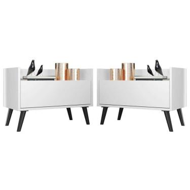 Imagem de Kit Com 2 Mesas De Cabeceira 80Cm Retrô Multimóveis V4002 Branca/Preta Branco/Preto