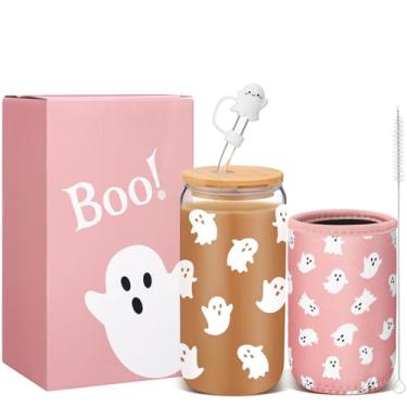 Imagem de Blushtier Xícara de café de vidro de Halloween com tampa e canudo 473 ml Caneca de café gelada assustadora com manga Boo Basket Stuffers Presentes de Halloween para mulheres sua irmã amiga (fantasma