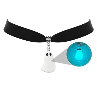 Imagem de TKHLT Colar fantasma (azul) que brilha no escuro pingente assustador gargantilha de veludo preto joia de Halloween