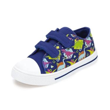 Imagem de FUNCOO PLUS Tênis infantil de lona para meninos e meninas com gancho e laços, Dinossauros Geomertry azuis, 11 Little Kid