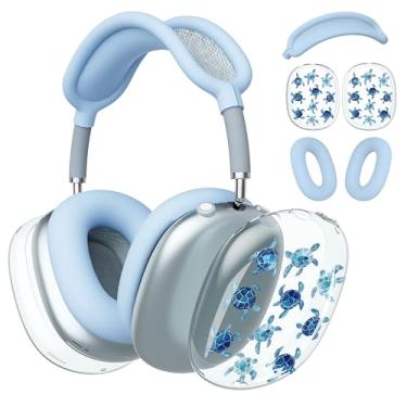 Imagem de BlHMCASE Capa de fone de ouvido para AirPods Max, capa de fone de ouvido transparente com tartaruga azul marinho, capa de silicone azul para Apple AirPods Max