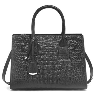 Imagem de Bolsa com estampa de crocodilo de designer de moda, bolsa de couro genuíno com alça superior, Preto