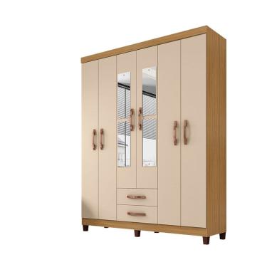Imagem de Guarda Roupa De Casal 6 Portas e 2 Gavetas Com Espelho Manchester - Carvalho Americano - Off White - ÉdeCasaMóveis
