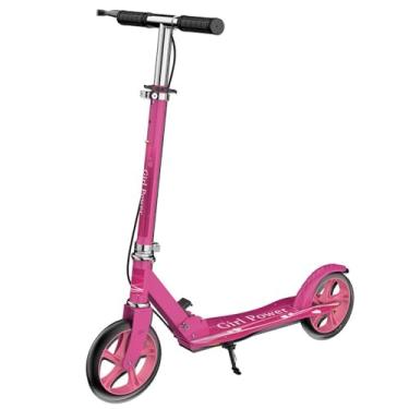 Imagem de Patinete para adultos, adolescentes e crianças, dobrável e leve, com freio de mão, altura ajustável, rodas grandes, carga durável, 136 kg, rosa