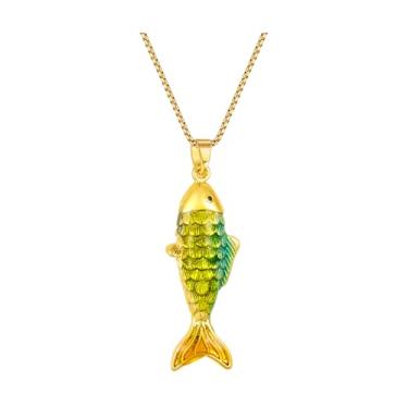 Imagem de sunglnl Colar de peixe para mulheres, colares banhados a ouro 14 k com pingente de escamas de peixe gradiente verde vermelho estilo metálico joia presente, Large, Cobre, Sem Pedra Preciosa