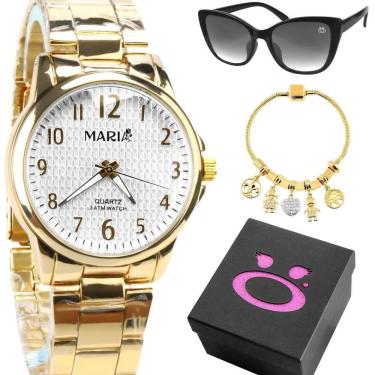 Imagem de Relogio Feminino Dourado Aço + Pulseira Personalizavel Presente Inoxidável Redondo Proteção Uv Moda