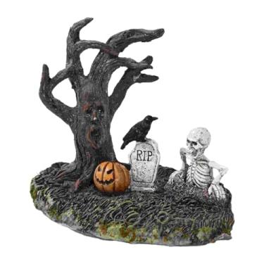 Imagem de Fenteer Estatueta de esqueleto de Halloween, abóbora gótica, corvo, lápide, decoração para casa mal-assombrada, aquário de feriado