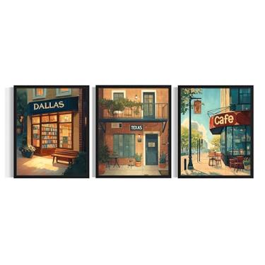 Imagem de Pôster impresso de arte de Dallas Texas, (conjunto de 3) Vintage Cafe Bookstore Reading Books Wall Art Painting for Living Room Office Decor AAA15 (Dallas Texas, 20 x 25 cm (3 painéis), sem moldura)