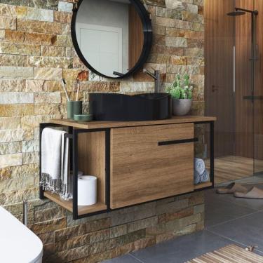 Imagem de Gabinete Suspenso Para Banheiro 80Cm P1019 Mel Com Cuba Berlin Preta Preto/Mel