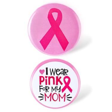Imagem de Hoteam 2 peças broches grandes de conscientização do câncer de mama com botões de fita rosa I Wear Pink for My Mom Pins for Women Charity Recognition Church Public Event Fundraiser Awareness Care Gift
