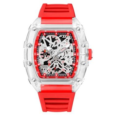 Imagem de BESTKANG Relógios masculinos modernos Hollowed Tonneau transparente, mostrador analógico, quartzo, data, à prova d'água, relógio de pulso masculino, Vermelho, Moderno, moderno