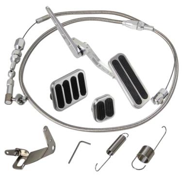 Imagem de PKSABB Pedal de gás de alumínio billet com freio e embreagem prateado, kit de mola de suporte de cabo do acelerador de 91 cm
