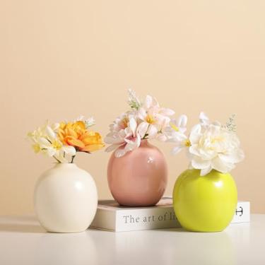 Imagem de Seasonsplan Conjunto de 3 vasos de cerâmica com flores artificiais, pequeno creme rosa, verde para flores, vaso fofo de mini cerâmica bege; vasos para sua cozinha, quarto, escritório, sala de estar